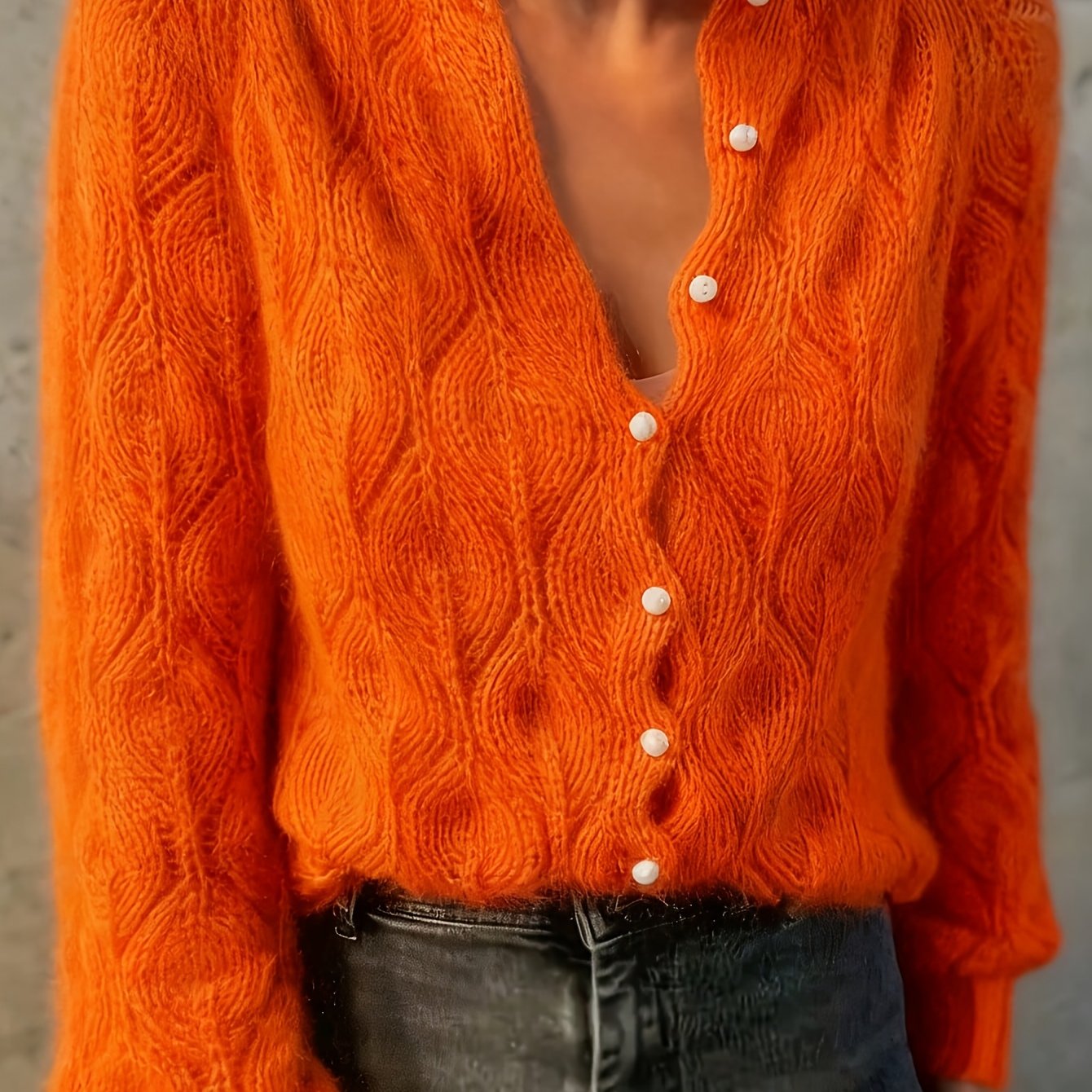 Women's Textured Faux Mink Cardigan | Elegant Long Sleeve Sweater with Pearl Buttons 11