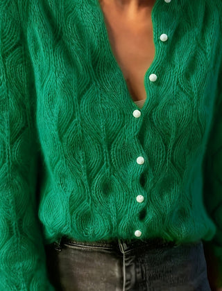 Women's Textured Faux Mink Cardigan | Elegant Long Sleeve Sweater with Pearl Buttons 12