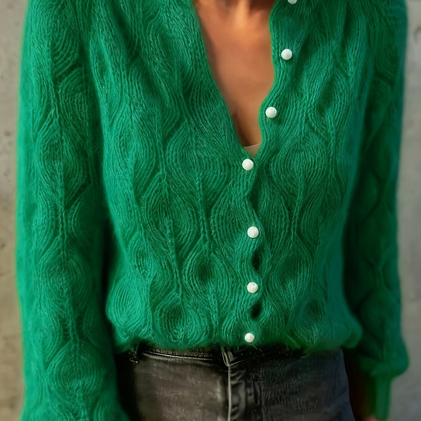 Women's Textured Faux Mink Cardigan | Elegant Long Sleeve Sweater with Pearl Buttons 12