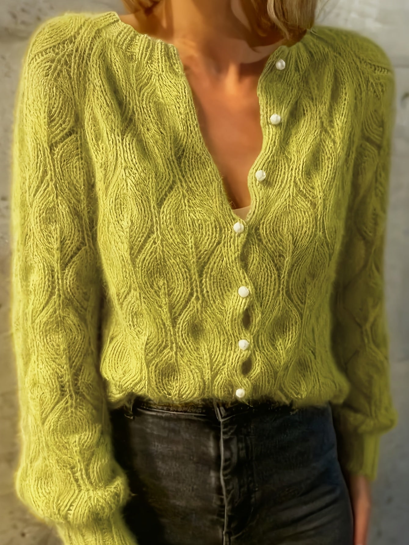 Women's Textured Faux Mink Cardigan | Elegant Long Sleeve Sweater with Pearl Buttons 2