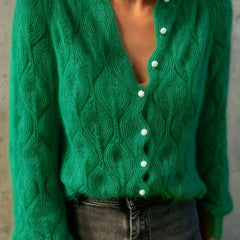 Women's Textured Faux Mink Cardigan | Elegant Long Sleeve Sweater with Pearl Buttons 3