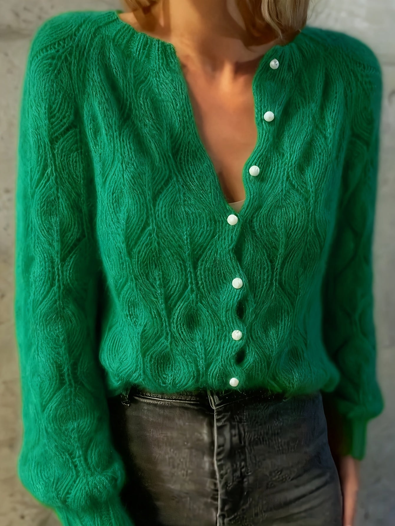 Women's Textured Faux Mink Cardigan | Elegant Long Sleeve Sweater with Pearl Buttons 3