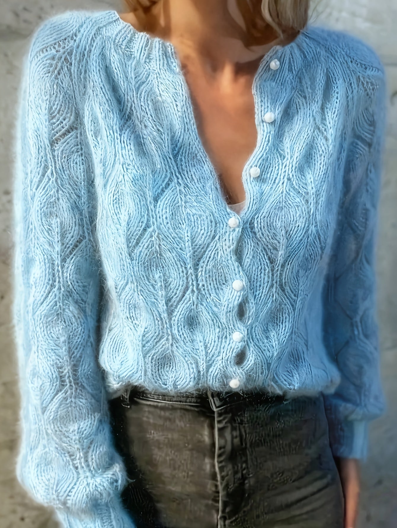 Women's Textured Faux Mink Cardigan | Elegant Long Sleeve Sweater with Pearl Buttons 4