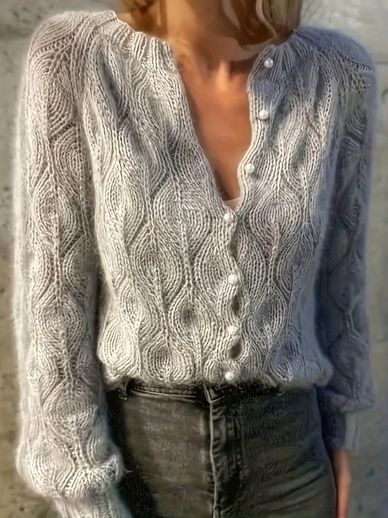 Women's Textured Faux Mink Cardigan | Elegant Long Sleeve Sweater with Pearl Buttons 5
