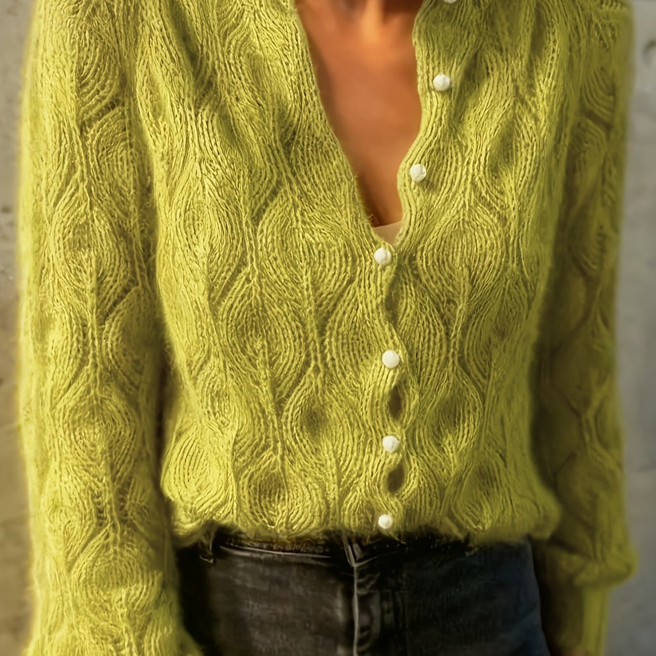 Women's Textured Faux Mink Cardigan | Elegant Long Sleeve Sweater with Pearl Buttons 9