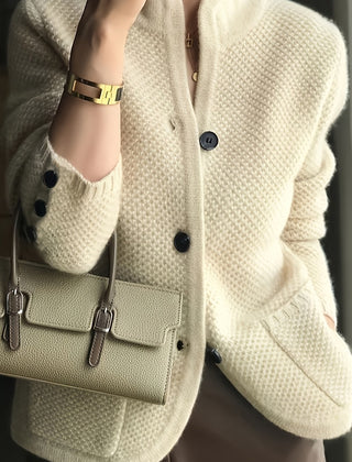 Women's Textured Knit Cardigan | Elegant Tailored Jacket with Stand Collar 0