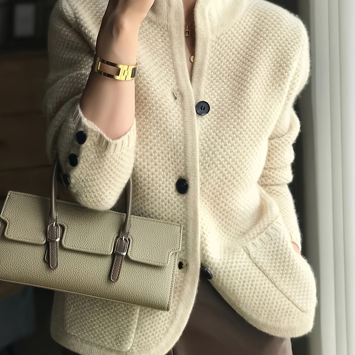 Women's Textured Knit Cardigan | Elegant Tailored Jacket with Stand Collar 0