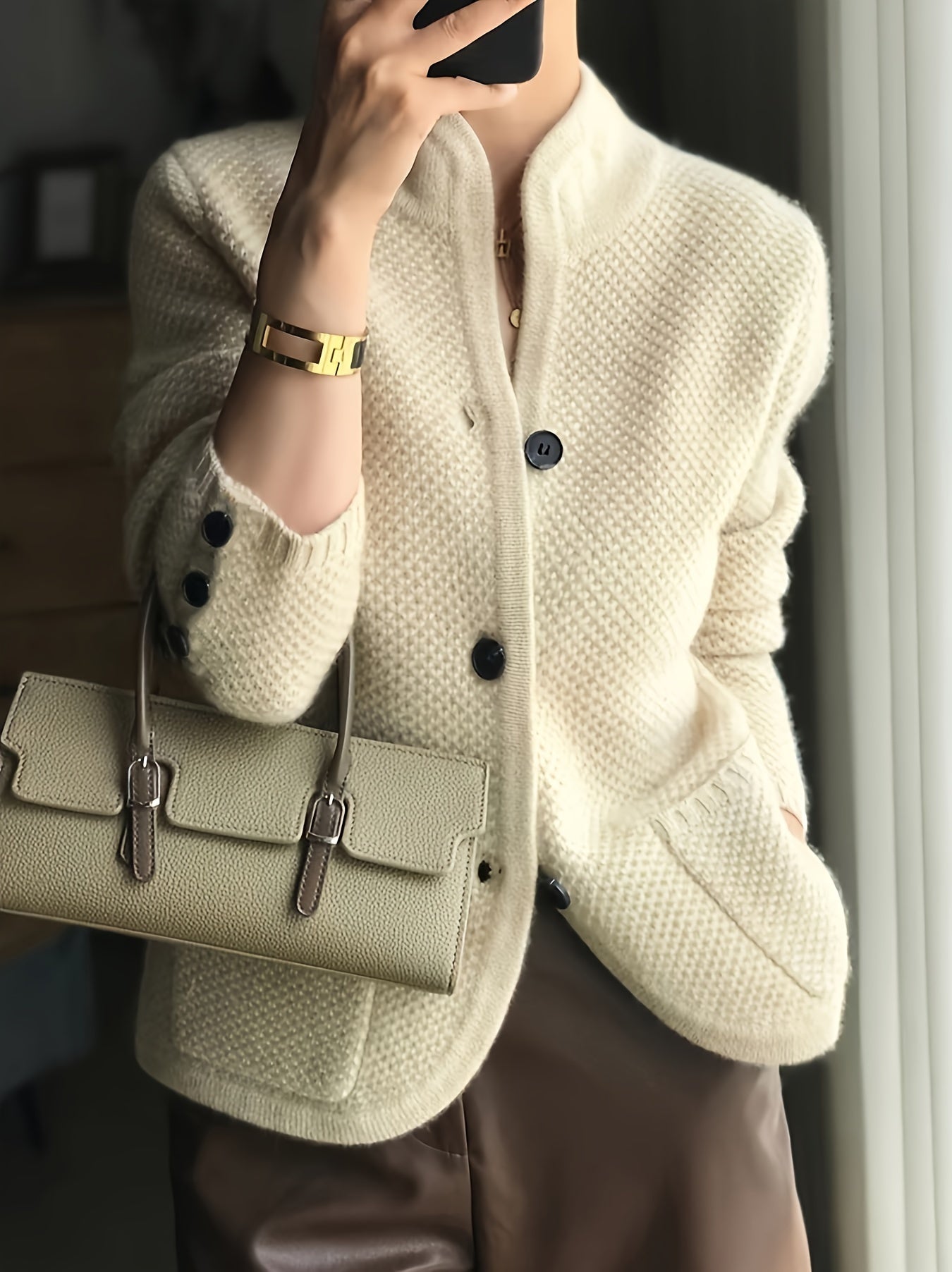 Women's Textured Knit Cardigan | Elegant Tailored Jacket with Stand Collar 1