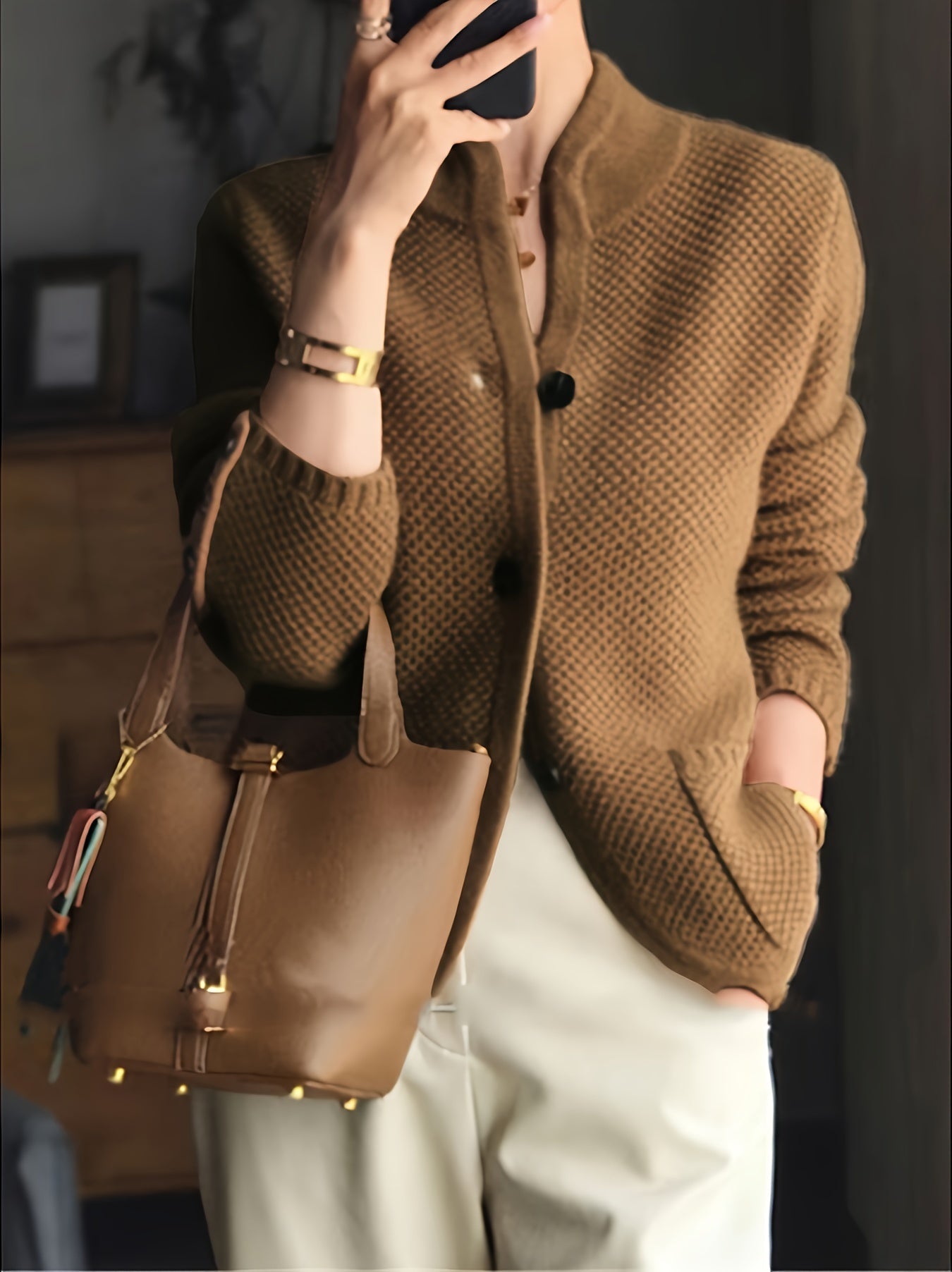 Women's Textured Knit Cardigan | Elegant Tailored Jacket with Stand Collar 2