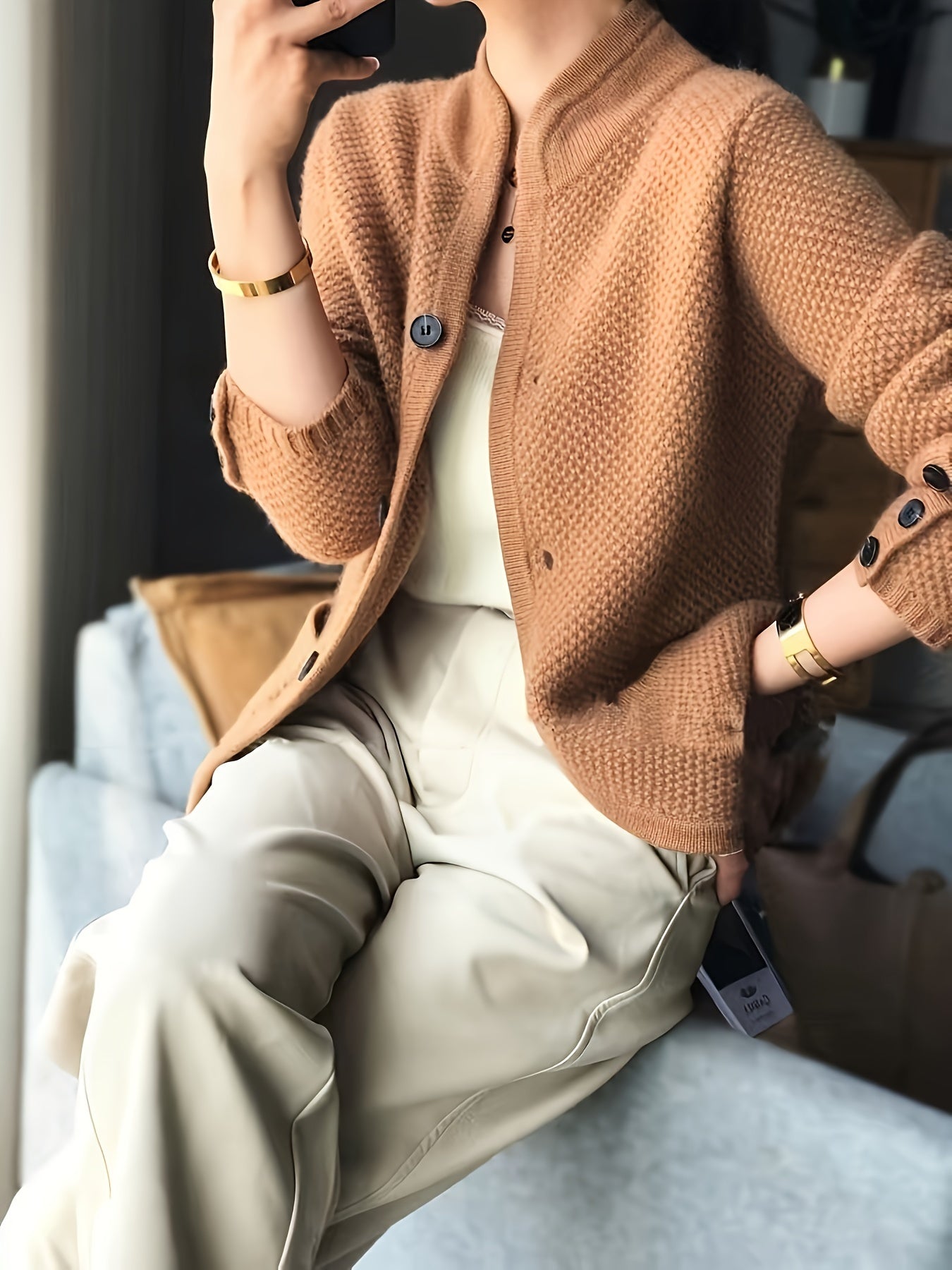 Women's Textured Knit Cardigan | Elegant Tailored Jacket with Stand Collar 3