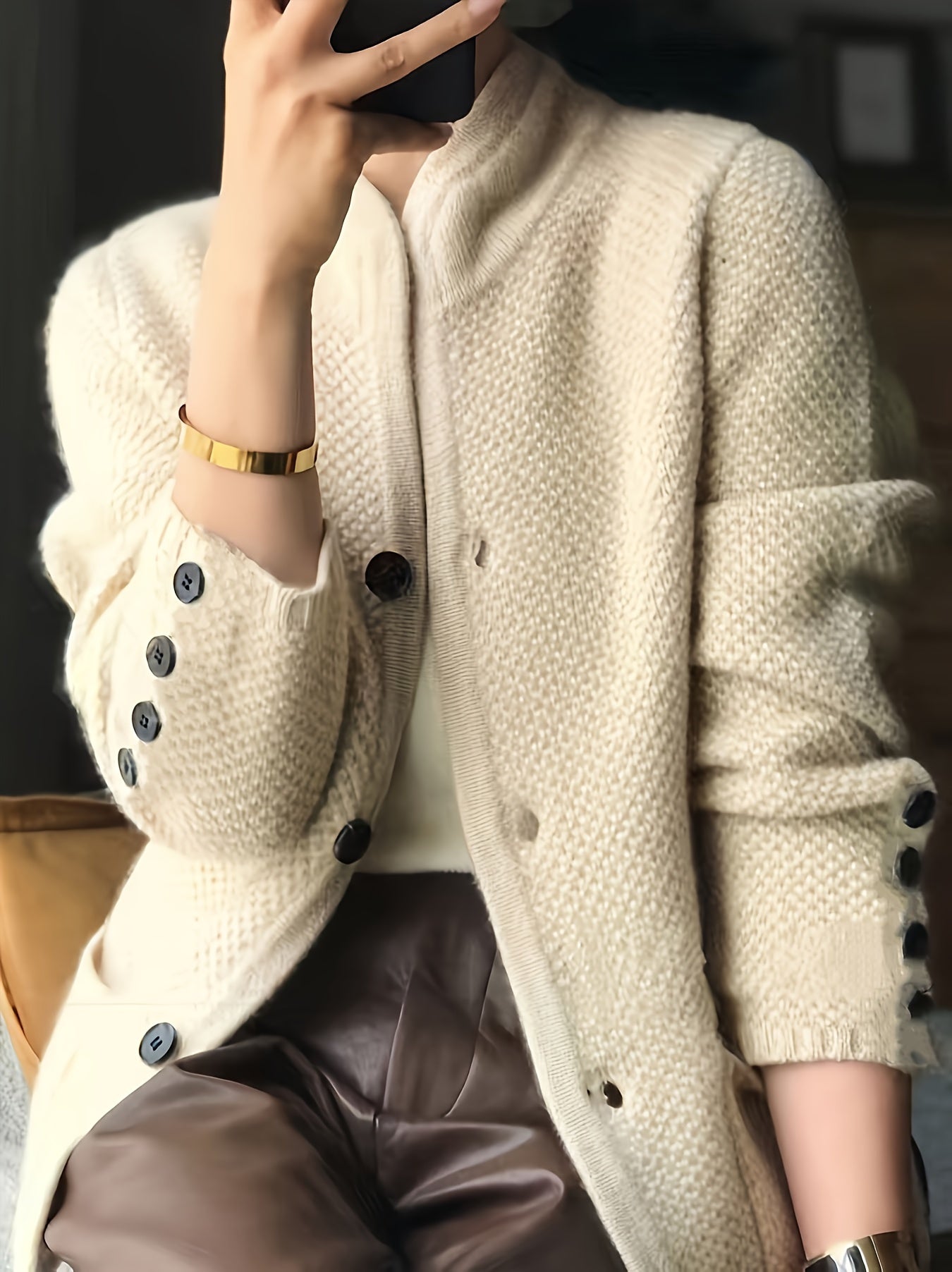 Women's Textured Knit Cardigan | Elegant Tailored Jacket with Stand Collar 6