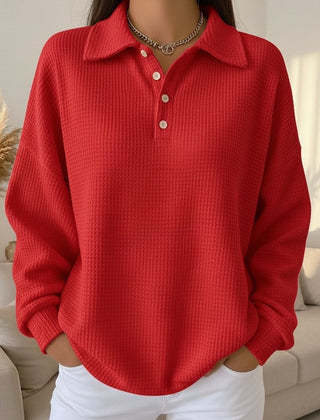 Women's Textured Waffle Knit Oversized Sweater | Relaxed Collared Henley Top 0