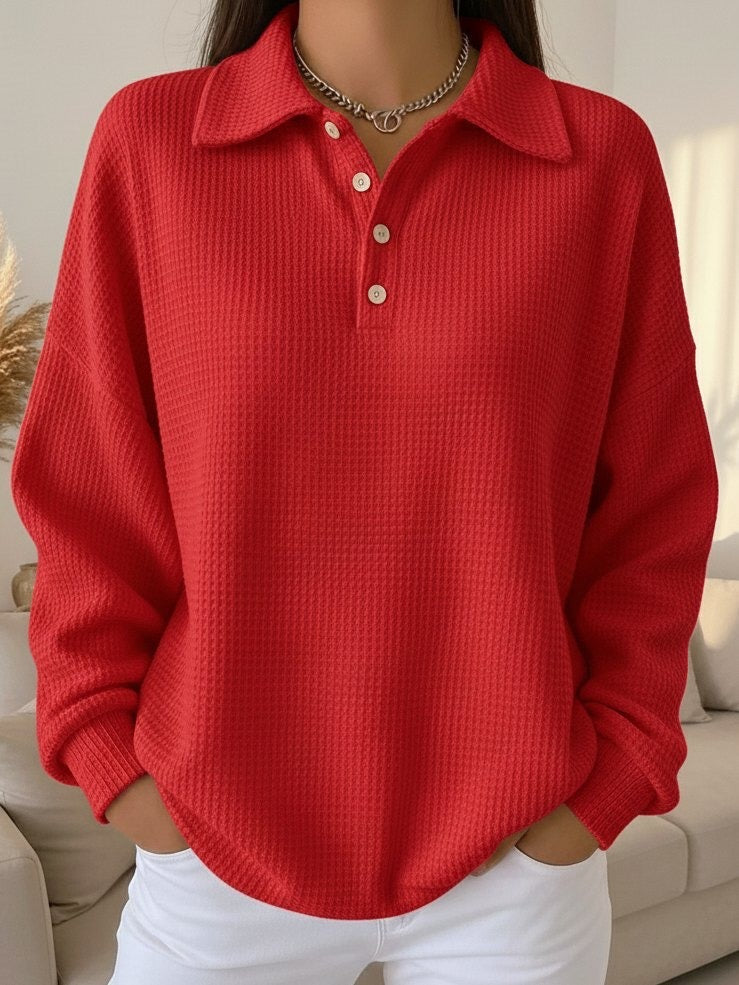 Women's Textured Waffle Knit Oversized Sweater | Relaxed Collared Henley Top 0