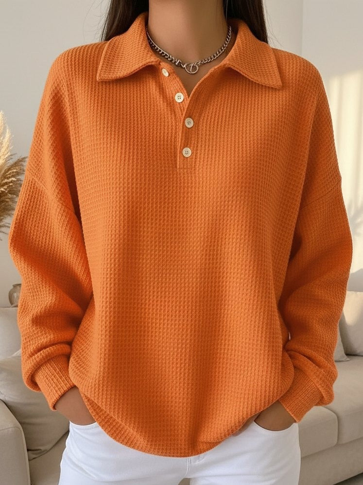 Women's Textured Waffle Knit Oversized Sweater | Relaxed Collared Henley Top 1
