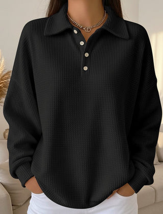 Women's Textured Waffle Knit Oversized Sweater | Relaxed Collared Henley Top 2