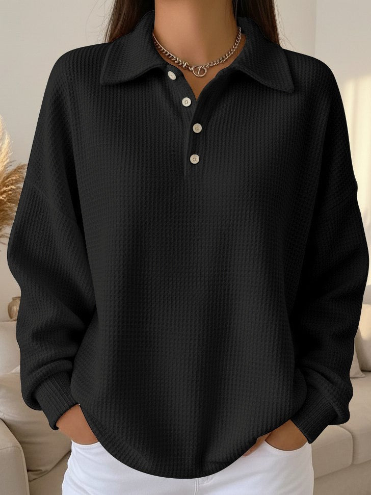 Women's Textured Waffle Knit Oversized Sweater | Relaxed Collared Henley Top 2