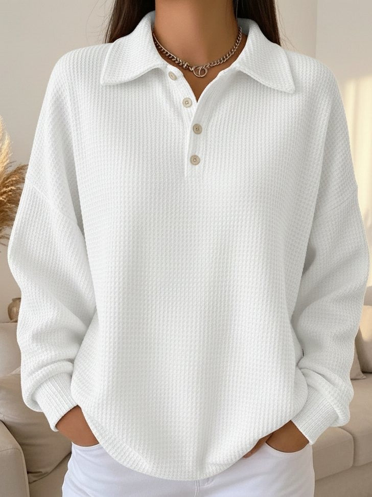 Women's Textured Waffle Knit Oversized Sweater | Relaxed Collared Henley Top 3