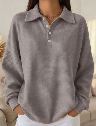 Women's Textured Waffle Knit Oversized Sweater | Relaxed Collared Henley Top 4