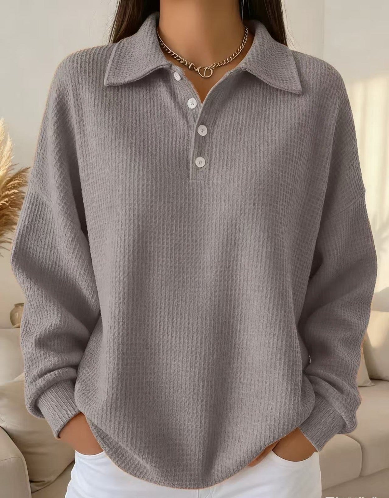 Women's Textured Waffle Knit Oversized Sweater | Relaxed Collared Henley Top 4