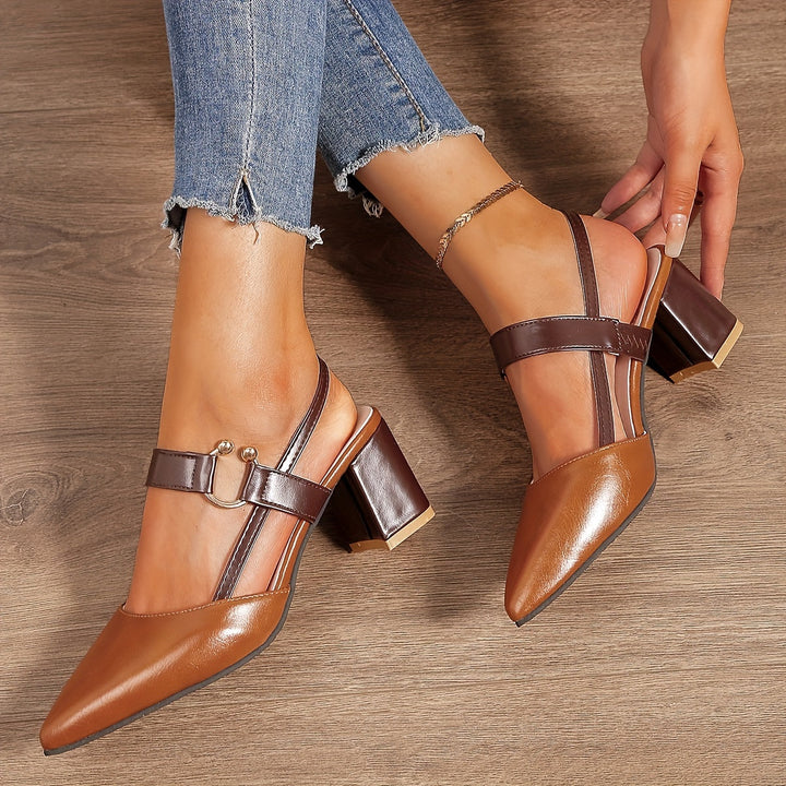 Women's Two-Tone Leather Slingback Heels | Elegant Pointed Toe Block Shoes