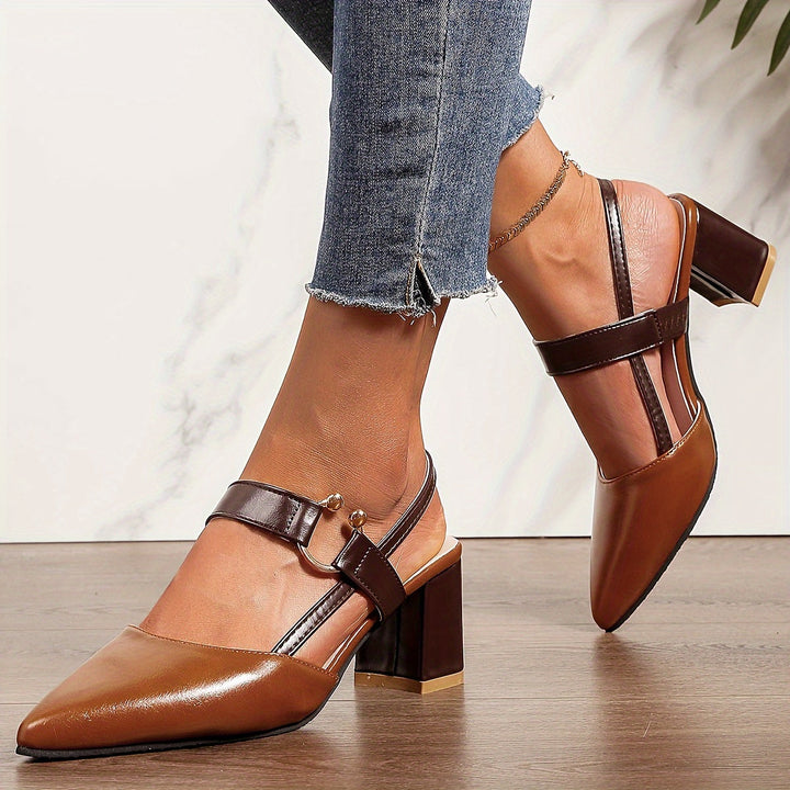 Women's Two-Tone Leather Slingback Heels | Elegant Pointed Toe Block Shoes