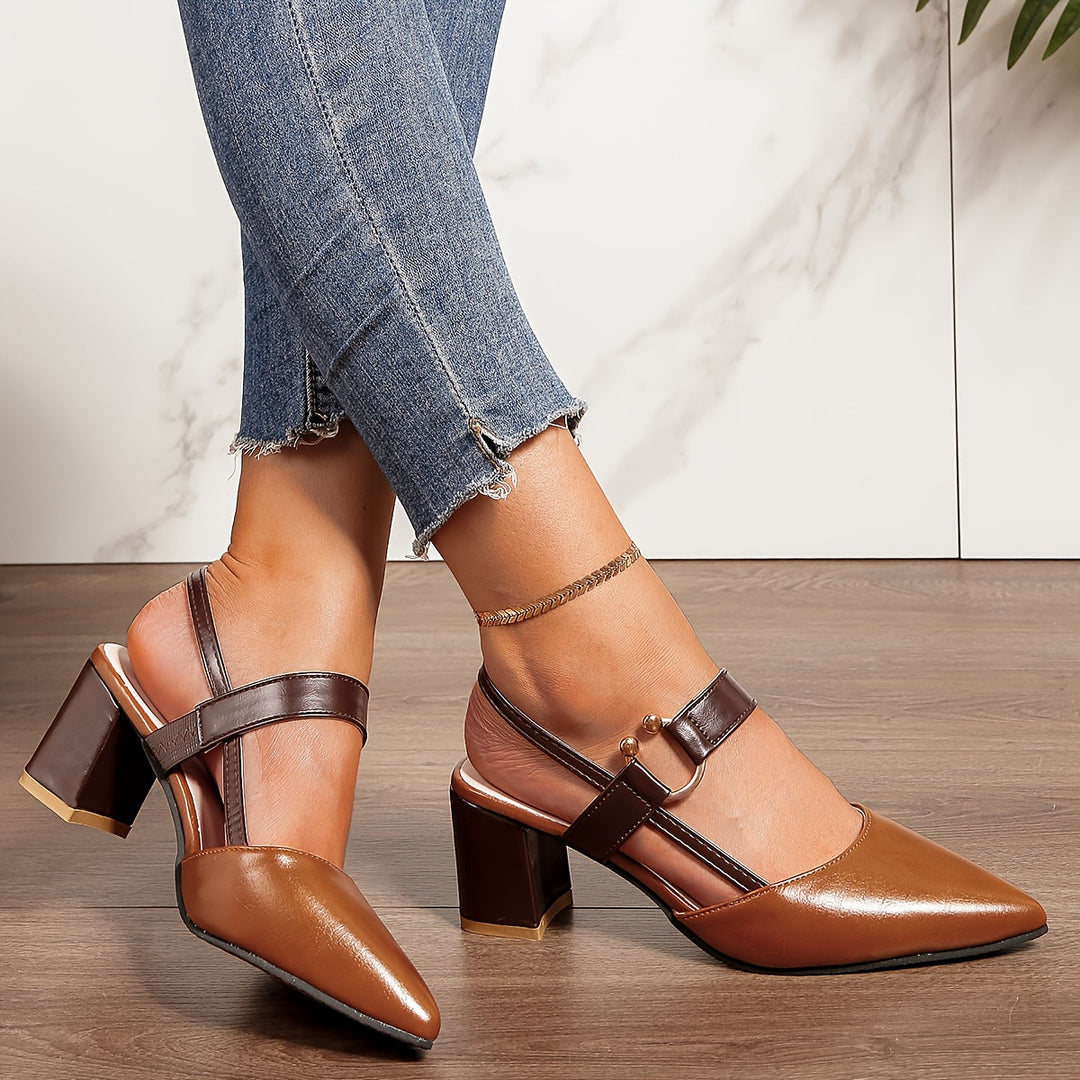 Women's Two-Tone Leather Slingback Heels | Elegant Pointed Toe Block Shoes