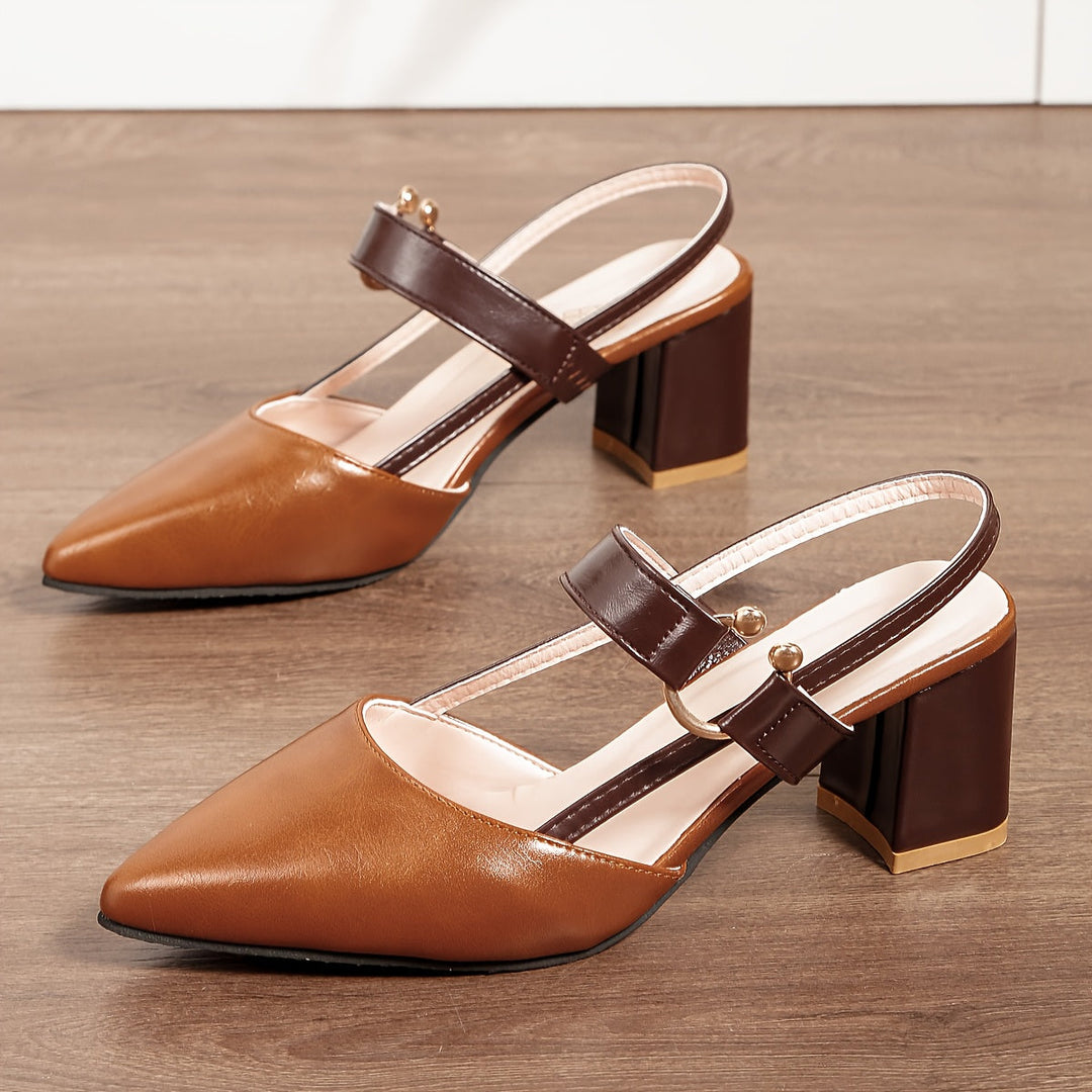 Women's Two-Tone Leather Slingback Heels | Elegant Pointed Toe Block Shoes