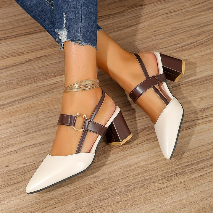 Women's Two-Tone Leather Slingback Heels | Elegant Pointed Toe Block Shoes