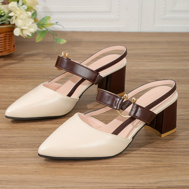 Women's Two-Tone Leather Slingback Heels | Elegant Pointed Toe Block Shoes