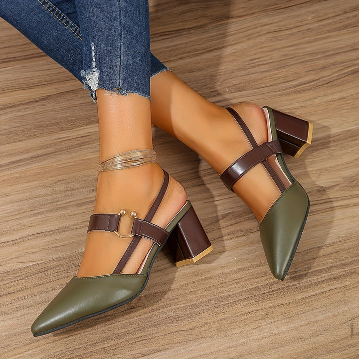 Women's Two-Tone Leather Slingback Heels | Elegant Pointed Toe Block Shoes