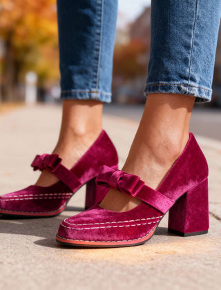 Women's Velvet Mary Jane Pumps | Chic Block Heel Summer Shoes with Bow Detail 0