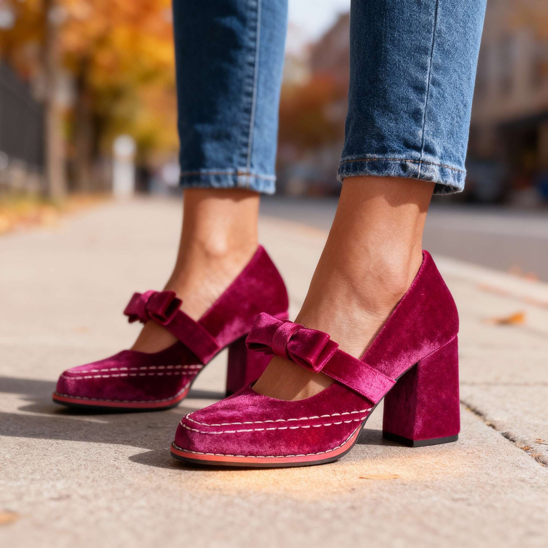 Women's Velvet Mary Jane Pumps | Chic Block Heel Summer Shoes with Bow Detail 0
