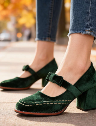 Women's Velvet Mary Jane Pumps | Chic Block Heel Summer Shoes with Bow Detail 1