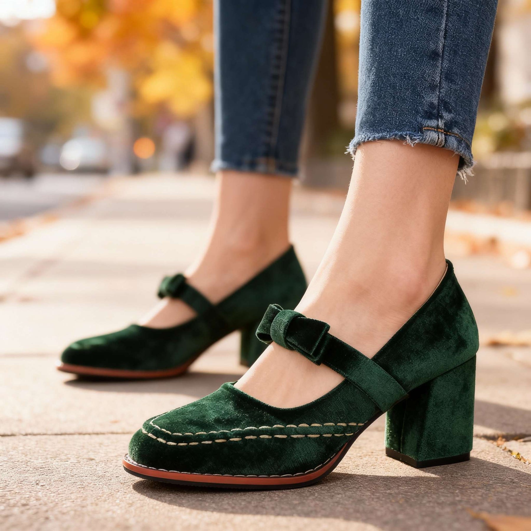 Women's Velvet Mary Jane Pumps | Chic Block Heel Summer Shoes with Bow Detail 1