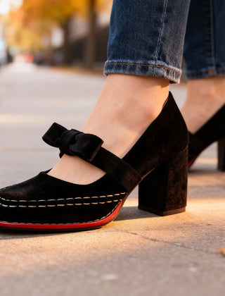 Women's Velvet Mary Jane Pumps | Chic Block Heel Summer Shoes with Bow Detail 2