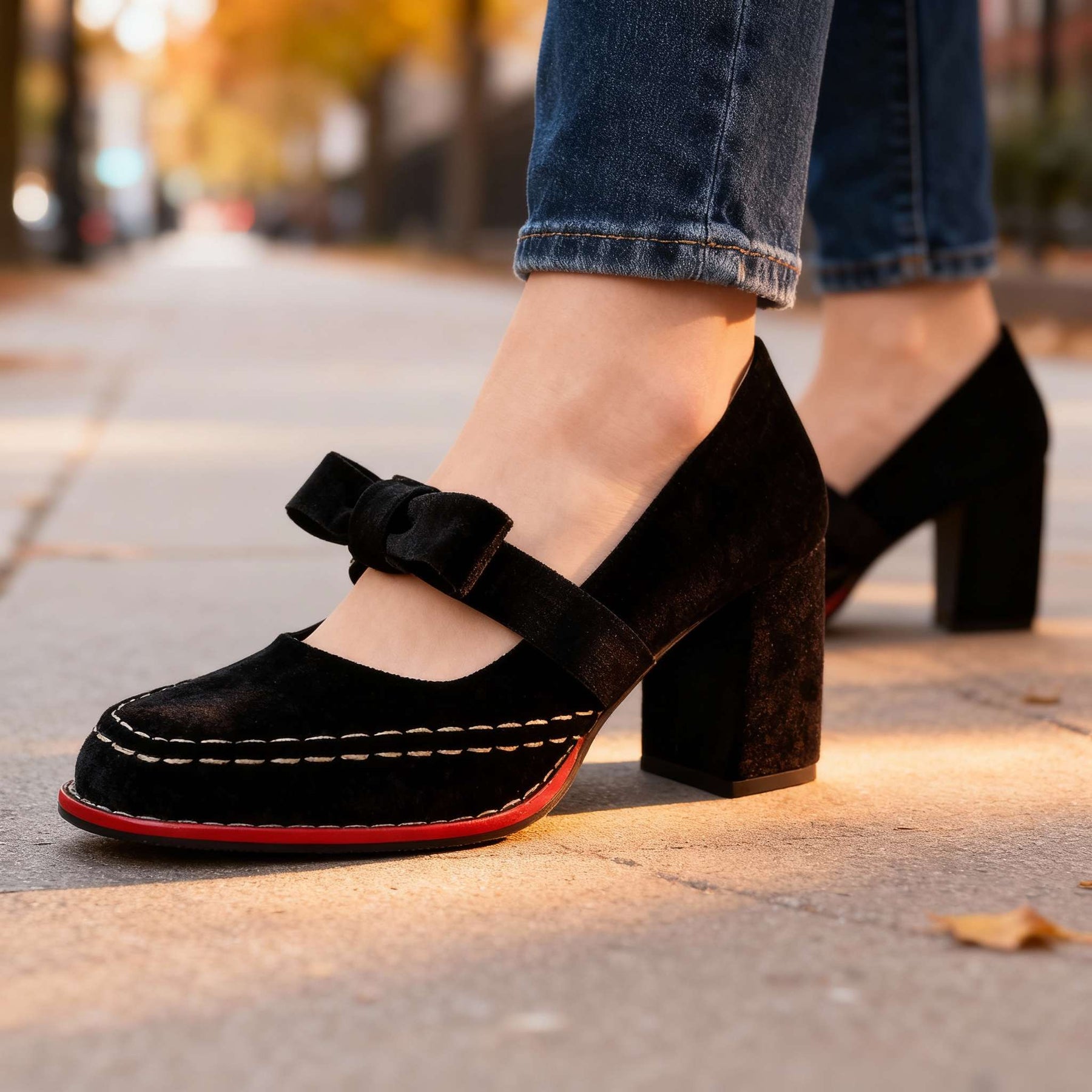 Women's Velvet Mary Jane Pumps | Chic Block Heel Summer Shoes with Bow Detail 2