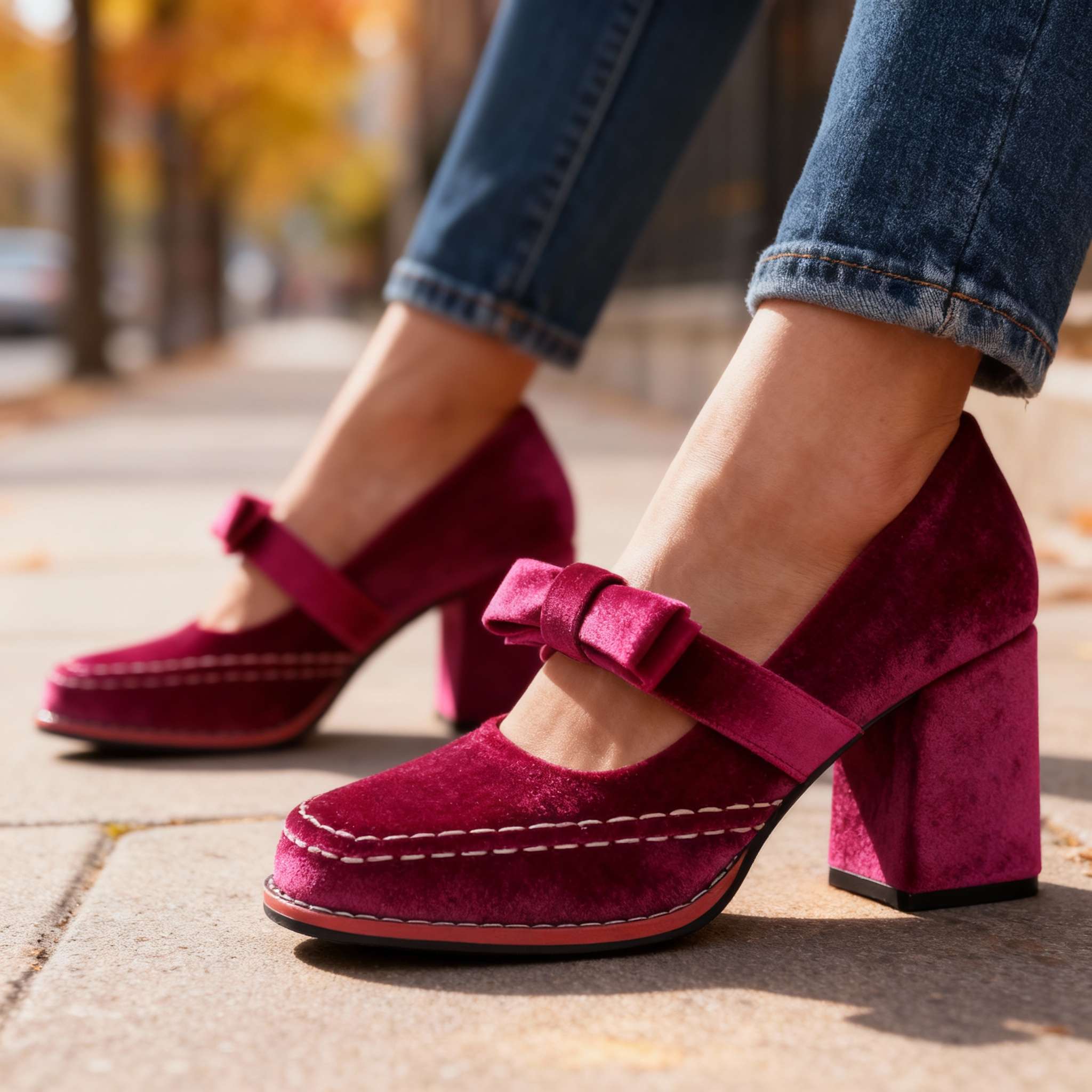 Women's Velvet Mary Jane Pumps | Chic Block Heel Summer Shoes with Bow Detail 3