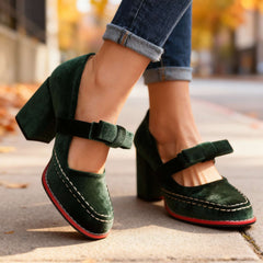 Women's Velvet Mary Jane Pumps | Chic Block Heel Summer Shoes with Bow Detail 4