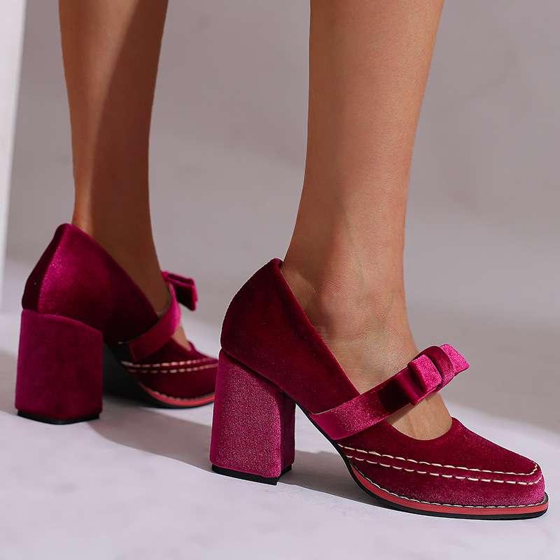 Women's Velvet Mary Jane Pumps | Chic Block Heel Summer Shoes with Bow Detail 6