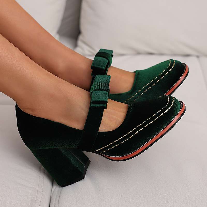 Women's Velvet Mary Jane Pumps | Chic Block Heel Summer Shoes with Bow Detail 7