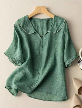 Women's Vintage-Inspired White Blouse | Elegant Button Detail Top with Scalloped Collar 0