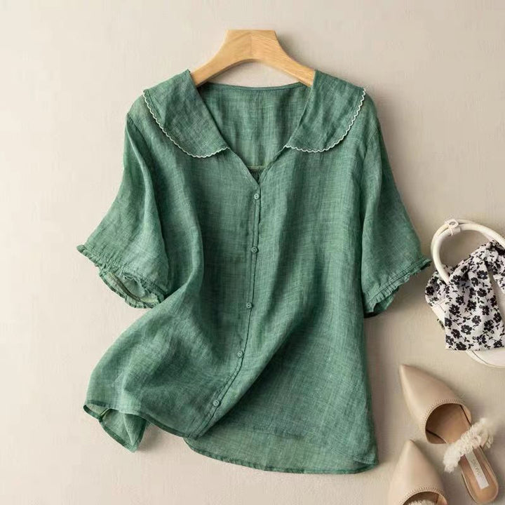 Women's Vintage-Inspired White Blouse | Elegant Button Detail Top with Scalloped Collar 0