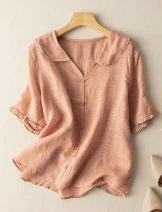 Women's Vintage-Inspired White Blouse | Elegant Button Detail Top with Scalloped Collar 1