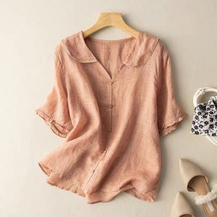 Women's Vintage-Inspired White Blouse | Elegant Button Detail Top with Scalloped Collar 1