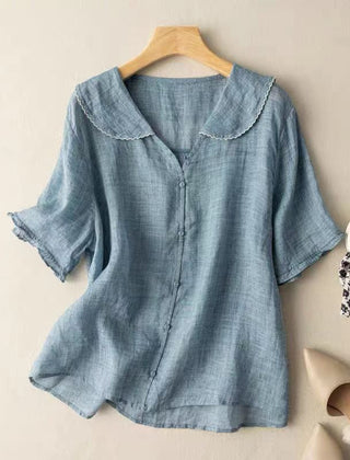 Women's Vintage-Inspired White Blouse | Elegant Button Detail Top with Scalloped Collar 2