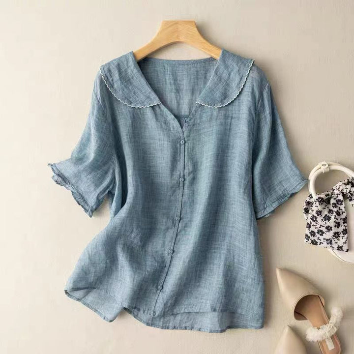 Women's Vintage-Inspired White Blouse | Elegant Button Detail Top with Scalloped Collar 2