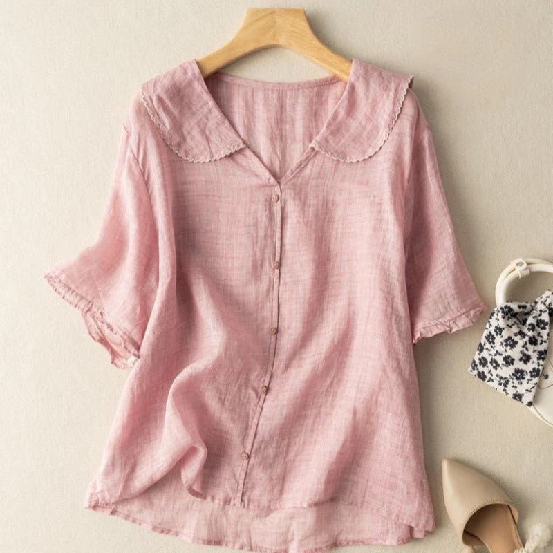 Women's Vintage-Inspired White Blouse | Elegant Button Detail Top with Scalloped Collar 3
