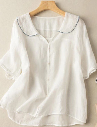 Women's Vintage-Inspired White Blouse | Elegant Button Detail Top with Scalloped Collar 4