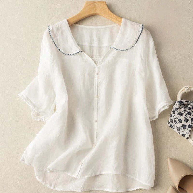 Women's Vintage-Inspired White Blouse | Elegant Button Detail Top with Scalloped Collar 4