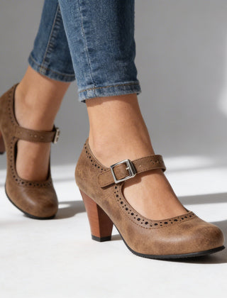 Women's Vintage Leather Mary Jane Pumps | Elegant Block Heel Brogue Shoes 0